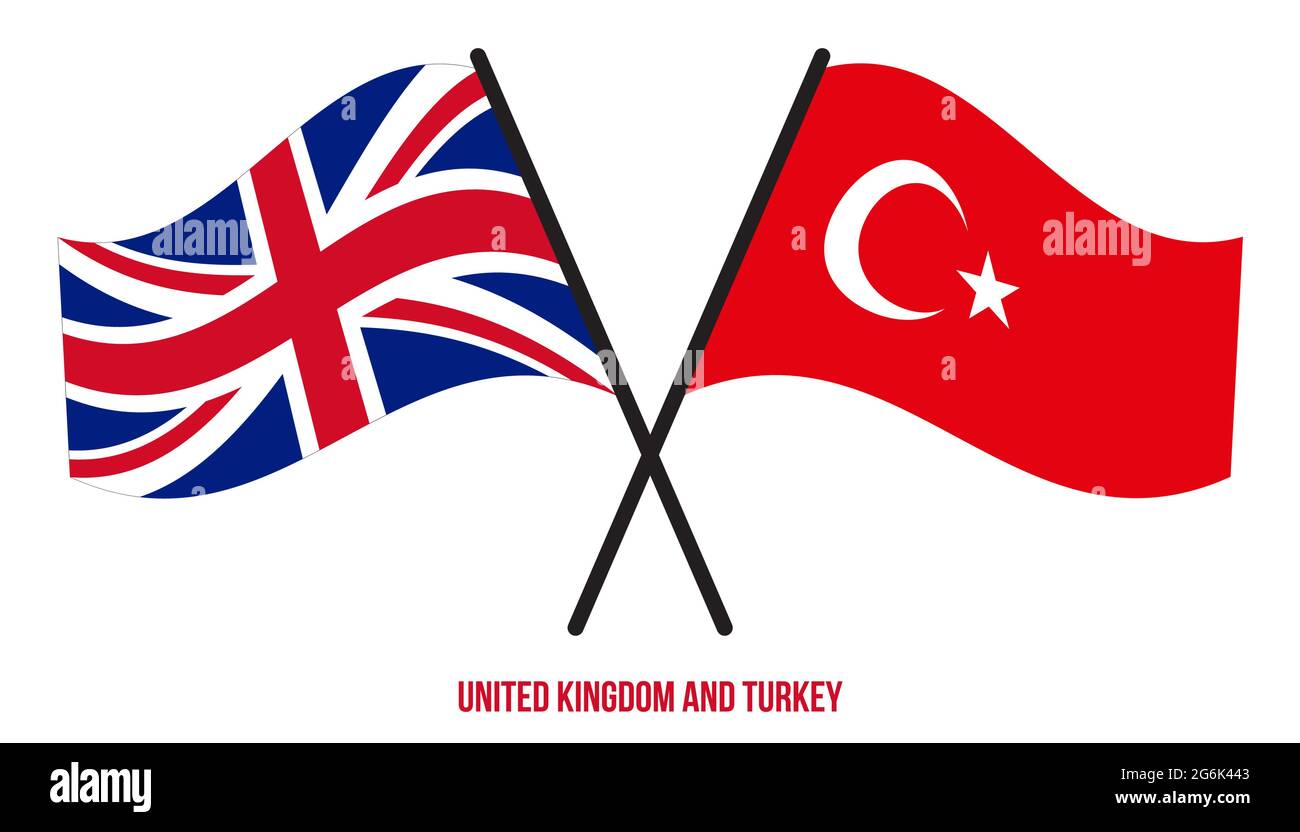 United Kingdom and Turkey Flags Crossed And Waving Flat Style. Official