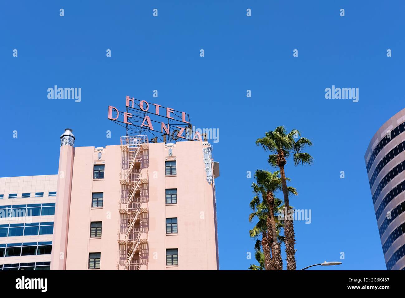 Exterior view of The Hotel De Anza, historic hotel in San Jose, California; built in 1931, known for its Zig Zag Moderne Art Deco architectural style. Stock Photo