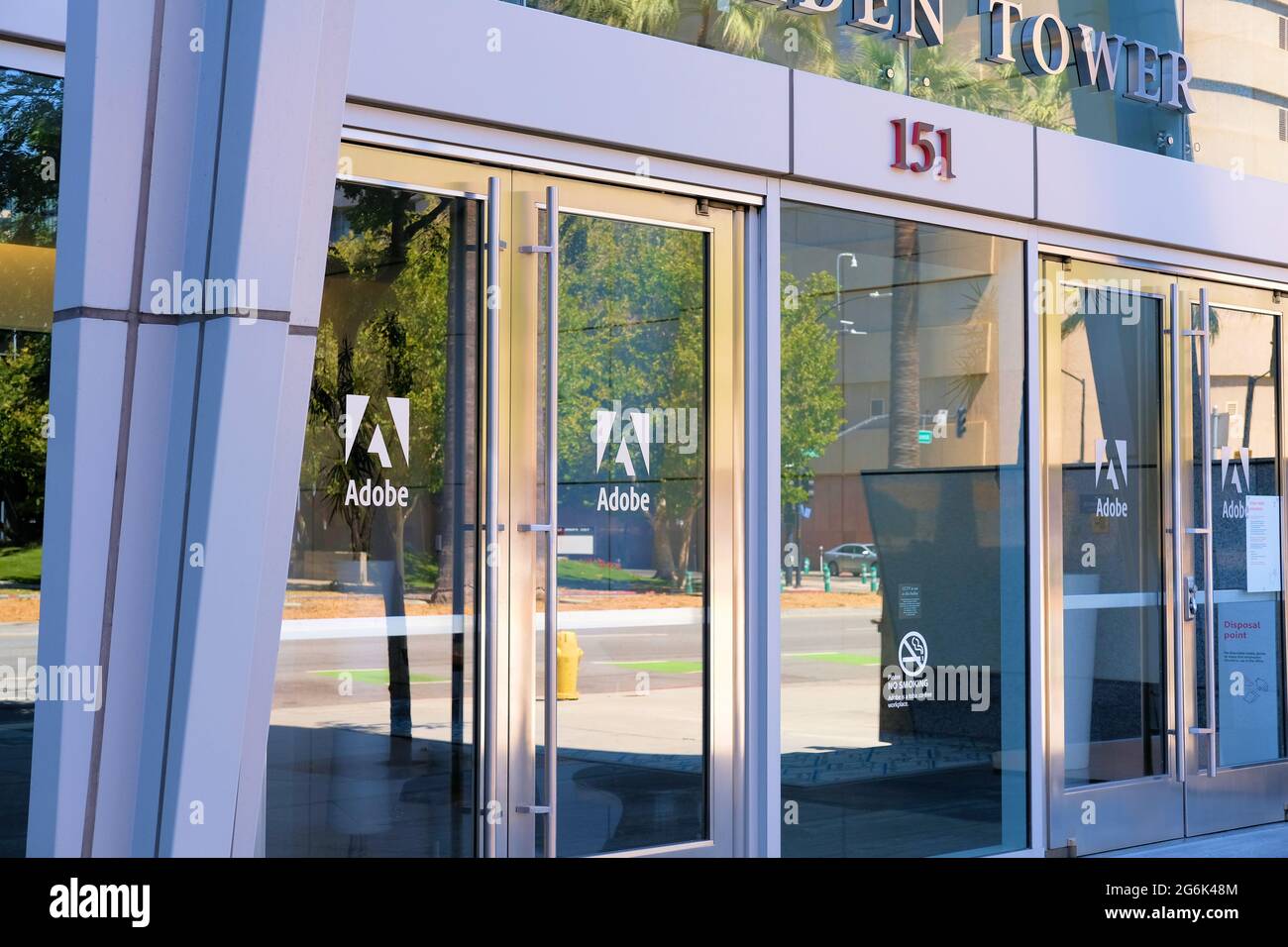 Main entrance to Almaden Tower, home of Adobe headquarters in San Jose, California; Silicon Valley computer software technology company. Stock Photo