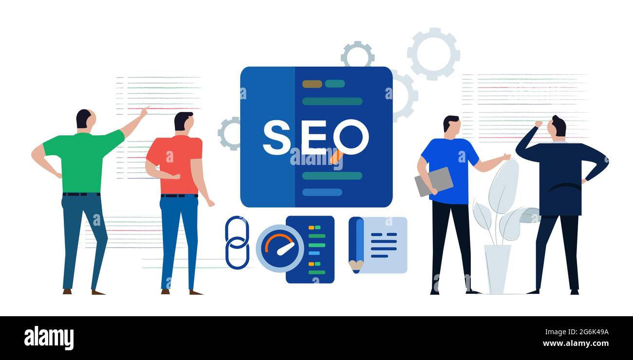 SEO search engine optimization marketing page team discussing analyzing performance code Stock Vector