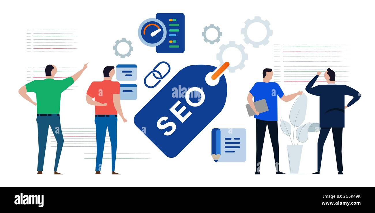 SEO search engine optimization marketing page team discussing analyzing performance code Stock Vector