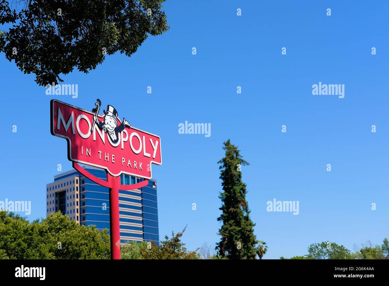 Sign for the world's largest permanent Monopoly Board; Guadalupe River Park in downtown San Jose, California in 2002; Guinness world record holder. Stock Photo
