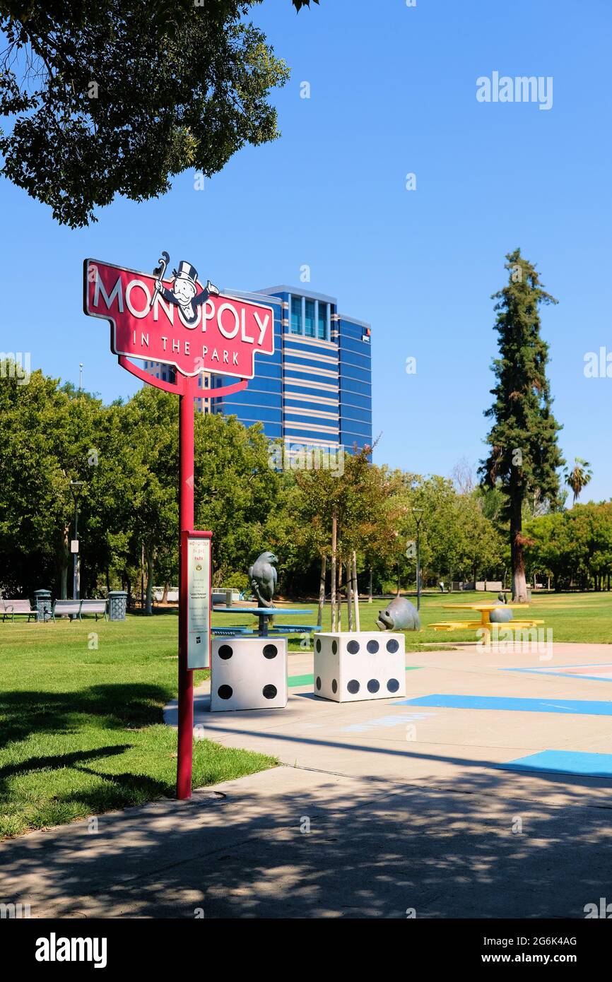 Sign for the world's largest permanent Monopoly Board; Guadalupe River Park in downtown San Jose, California in 2002; Guinness world record holder. Stock Photo