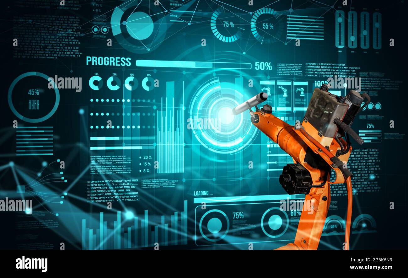 Robot arm AI analyzing mathematics for mechanized industry problem solving . Concept of robotics
