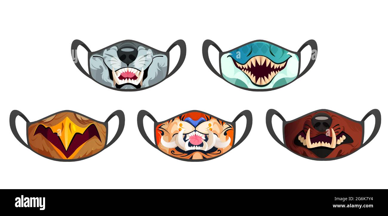 Medic masks with animal muzzles, scary roar cartoon wolf, eagle and snake, tiger and bear with long sharp fangs. Protective facial equipment against infection or allergy, creative design Vector mockup Stock Vector