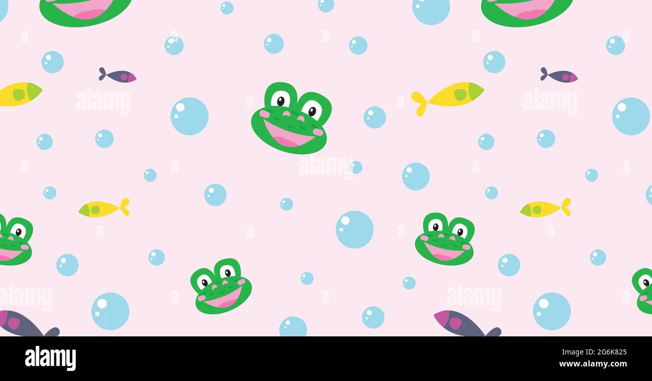 Seamless panoramic pattern, frogs and fish - Vector illustration Stock Vector