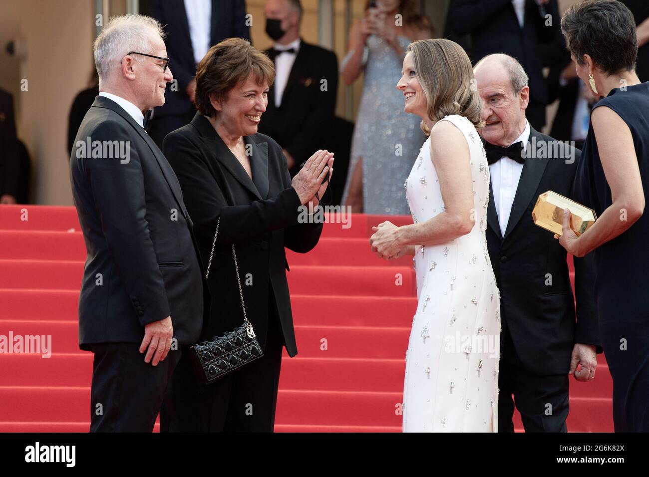 Cannes, France. 06 July 2021, Thierry Frémaux, Jodie Foster, Alexandra Hedison, French ministry of culture Roselyne Bachelot and Pierre Lescure attend the Annette screening and opening ceremony during the 74th annual Cannes Film Festival on July 06, 2021 in Cannes, France Photo by David Niviere/ABACAPRESS.COM Stock Photo