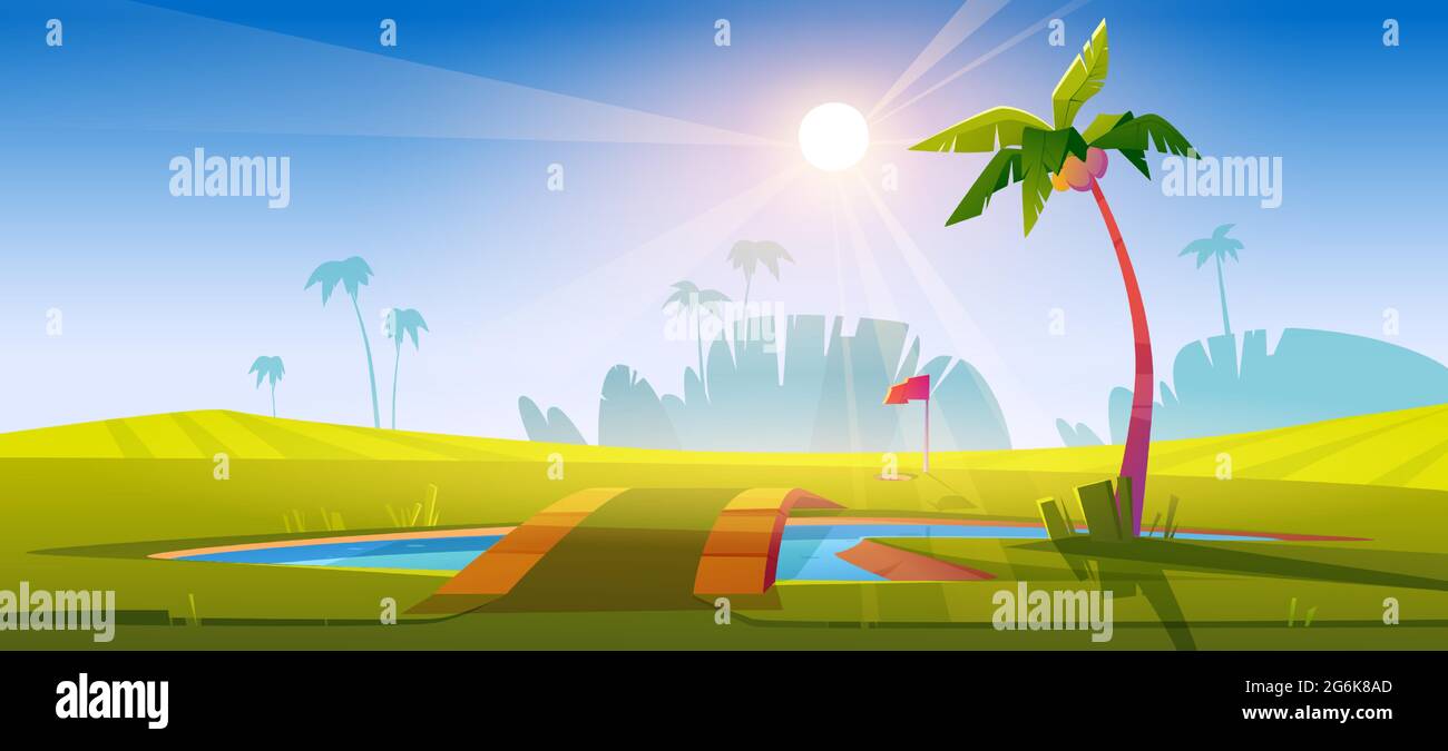 Golf course with green grass, pond with bridge and palm trees. Vector cartoon tropical landscape of sport field with hole for golf ball, pole with red flag and lake Stock Vector