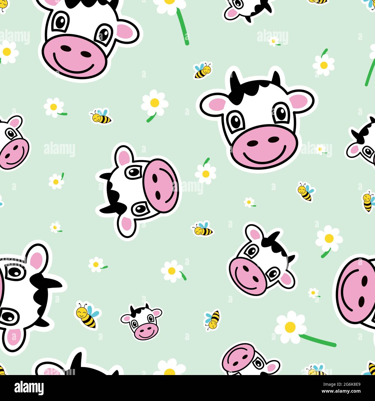 Seamless pattern, cows, bees and chamomile - Vector illustration Stock Vector