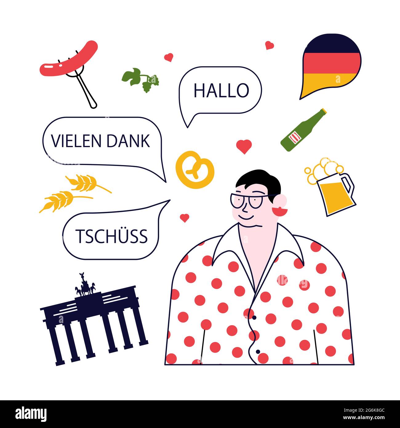 Concept of germany language course or school. Male student with Hello