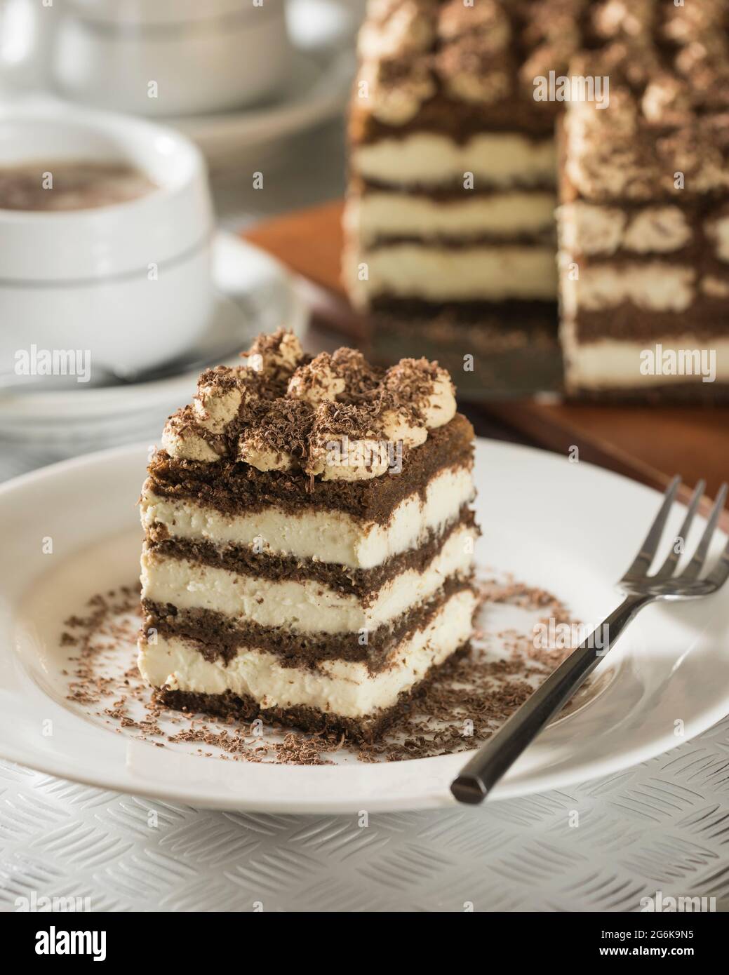 Tiramisu cake. Chocolate and coffee layer gateau. Stock Photo