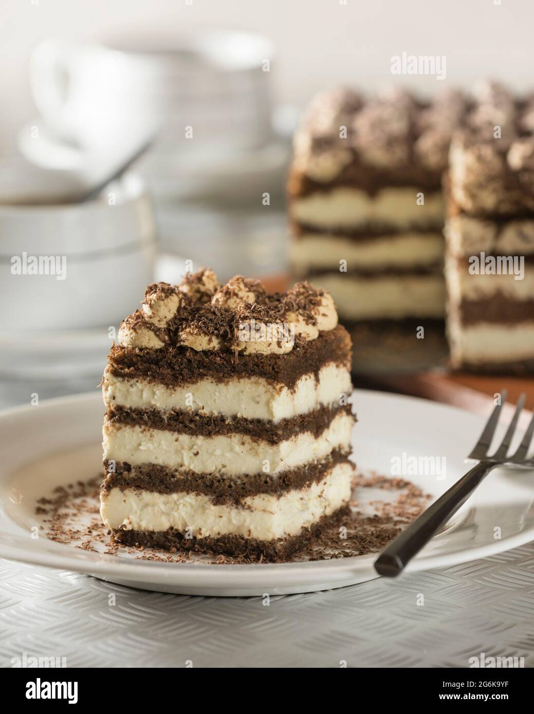 Tiramisu cake. Chocolate and coffee layer gateau. Stock Photo