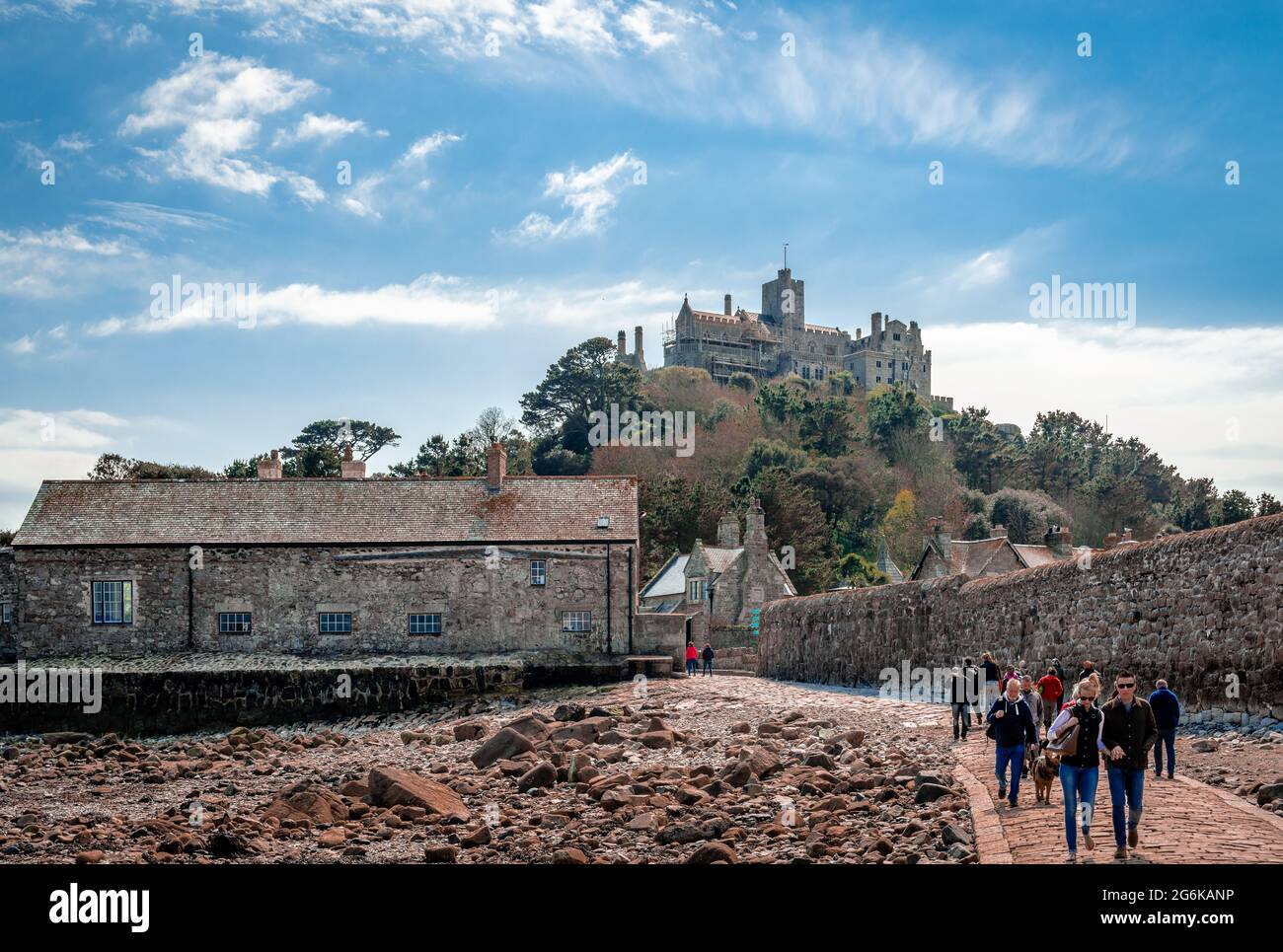 The Gateway to the parkland with the castle on the hill. St Michael's Mount is a tidal island in Mount's Bay, Cornwall. Stock Photo