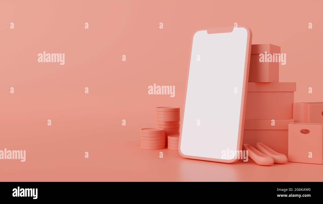 Smartphone with mock-up screen, product, shopping bags and boxes on ...