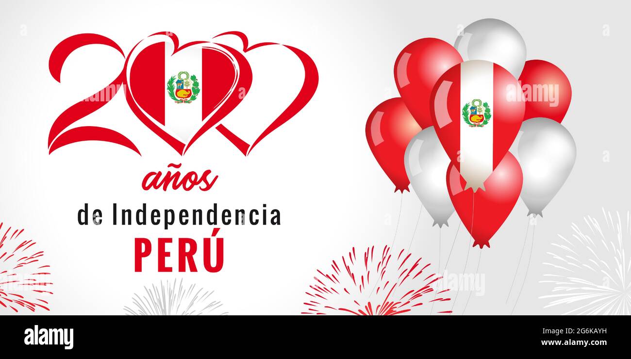 200 anos de Independencia Peru, Peruvian lettering - 200 years anniversary Independence Day from Spain. Celebration background with fireworks and flag Stock Vector