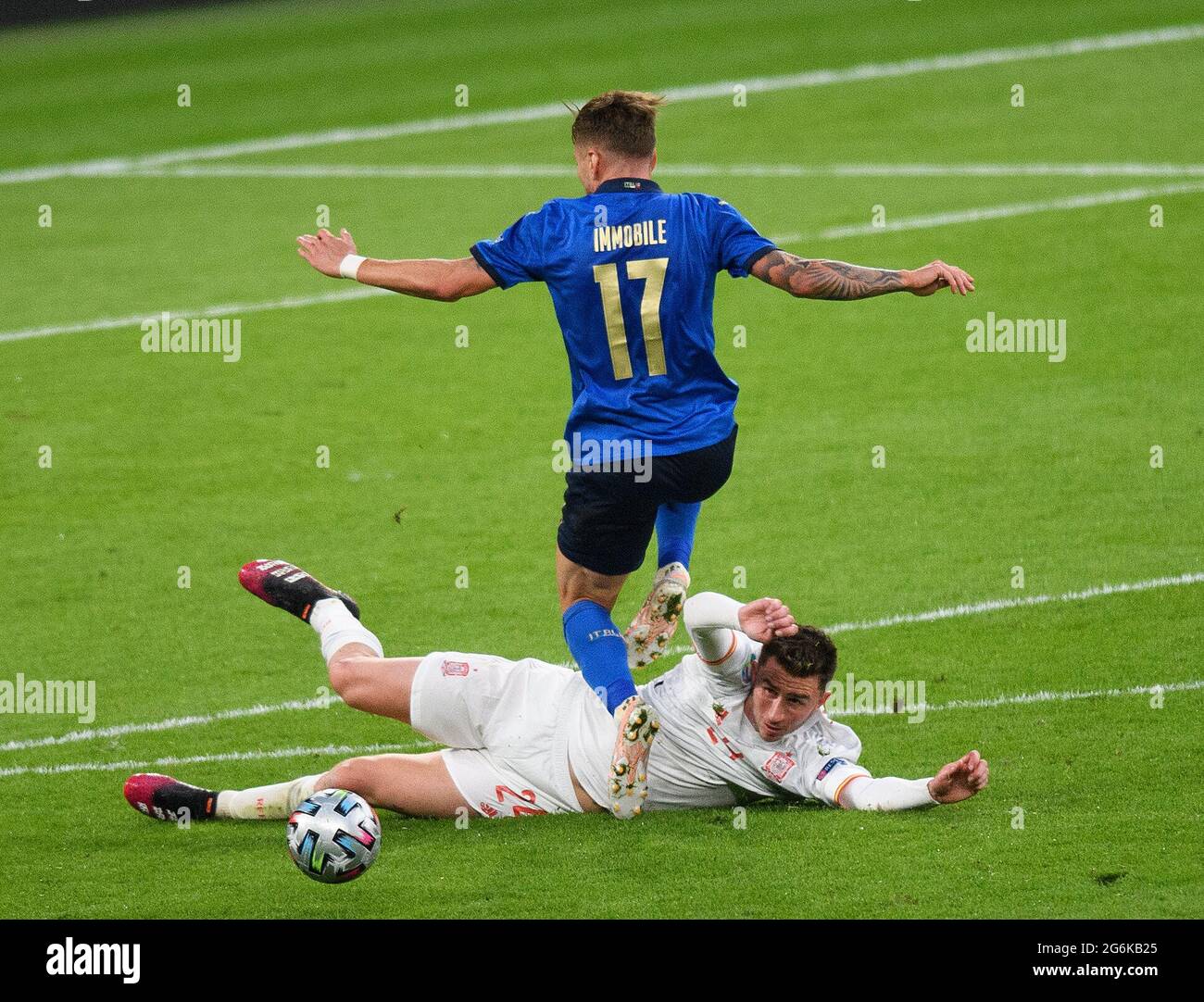 07 July 2021 - Italy v Spain - UEFA Euro 2020 Semi-Final - Wembley - London  Italy's Ciro Immobile tackled by Aymeric Laporte Picture Credit : © Mark Pain / Alamy Live News Stock Photo