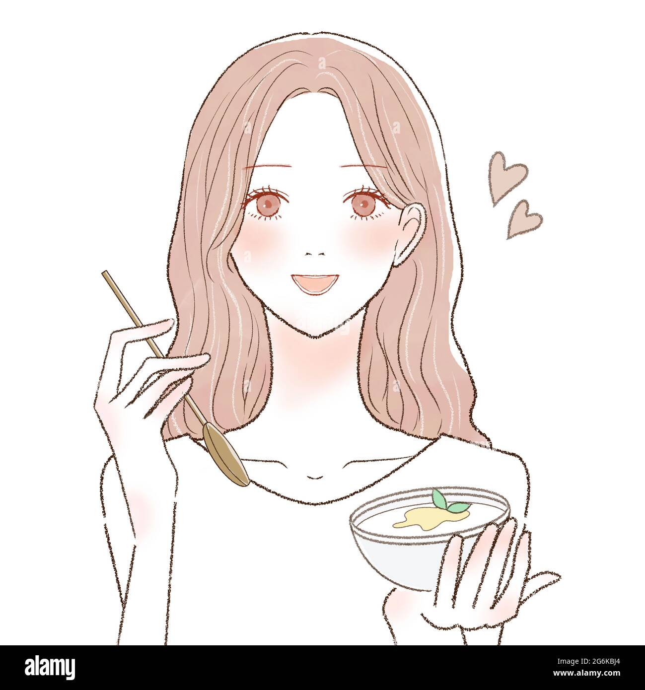 Woman eating plain yogurt with a spoon. On a white background Stock