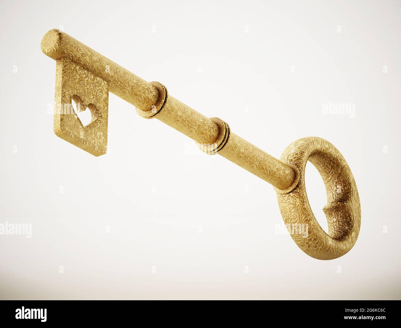 Golden ornate key with heart symbol isolated on white background. 3D illustration. Stock Photo