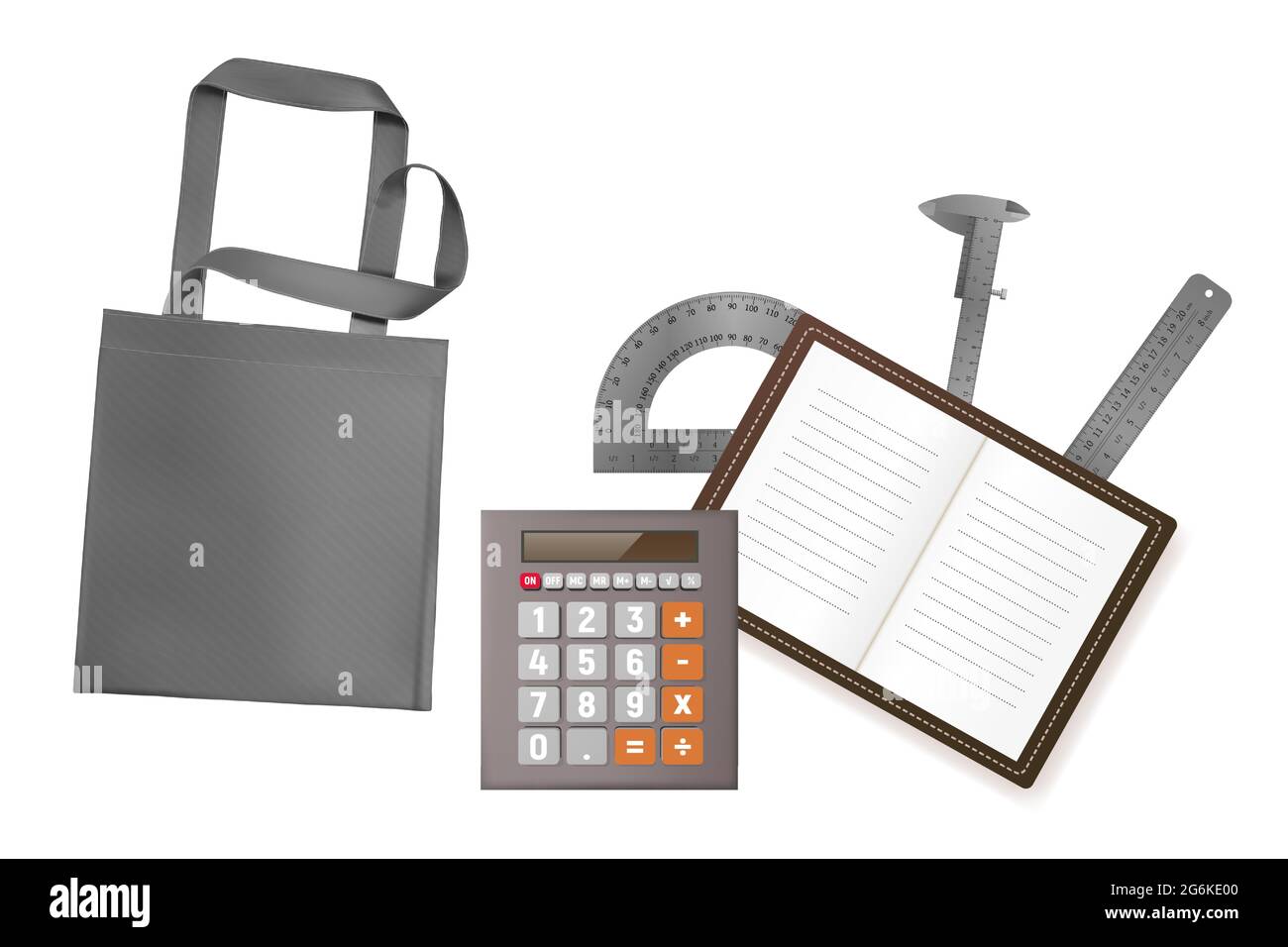Realistic gray eco bag, calculator, ruler, notepad vector illustration. Stock Vector