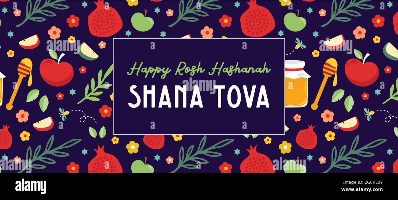 jewish new year, rosh hashanah, greeting card banner with traditional icon pattern. Happy New Year, shana tova in hebrew. Apple, honey, flowers and Stock Vector