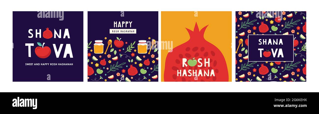 jewish new year, rosh hashanah, greeting card set with traditional icons. Happy New Year. Apple, honey, pomegranate, flowers and leaves, Jewish New Stock Vector