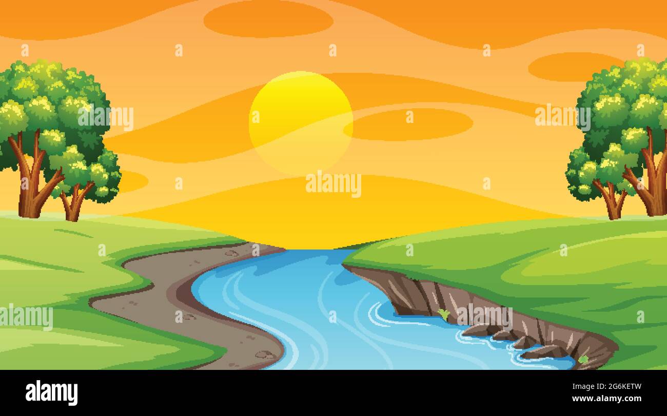 Landscape scene of river through the forest illustration Stock Vector ...