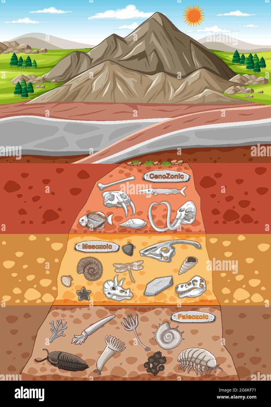Scene with various animals bones and dinosaurs fossils in soil layers