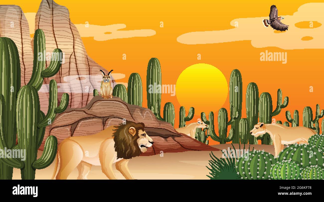Desert forest landscape at sunset time scene with wild animals ...