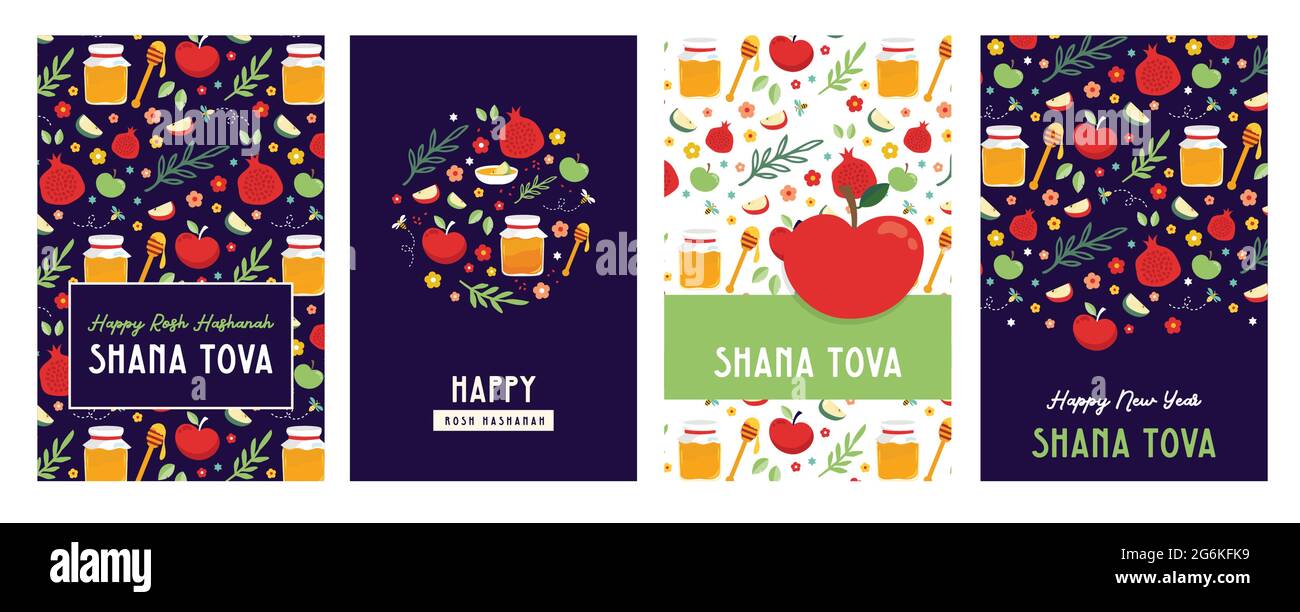 jewish new year, rosh hashanah, greeting card set with traditional icons. Happy New Year. Apple, honey, pomegranate, flowers and leaves, Jewish New Stock Vector