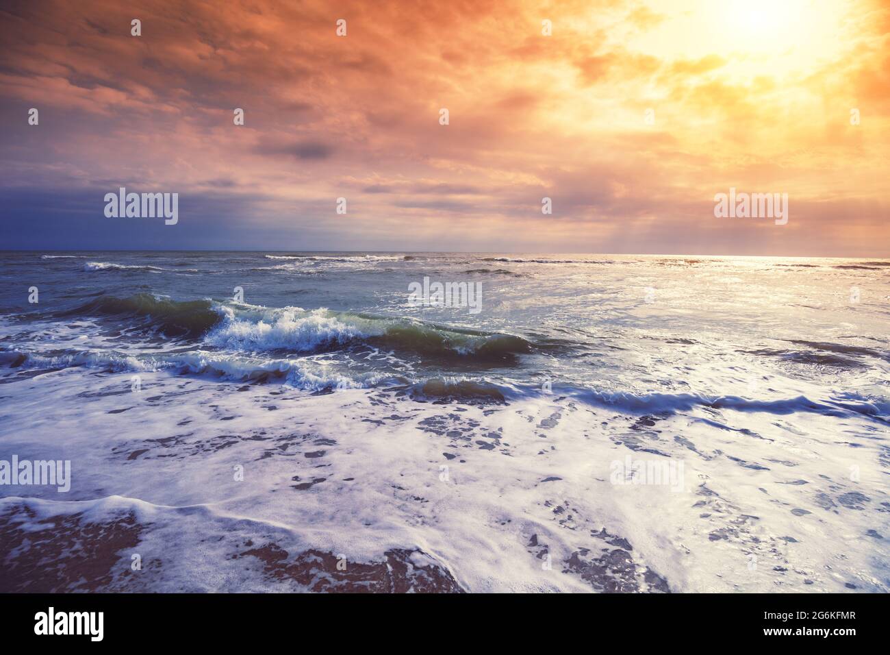 Seascape in the evening. Sunset over the sea with the beautiful ...