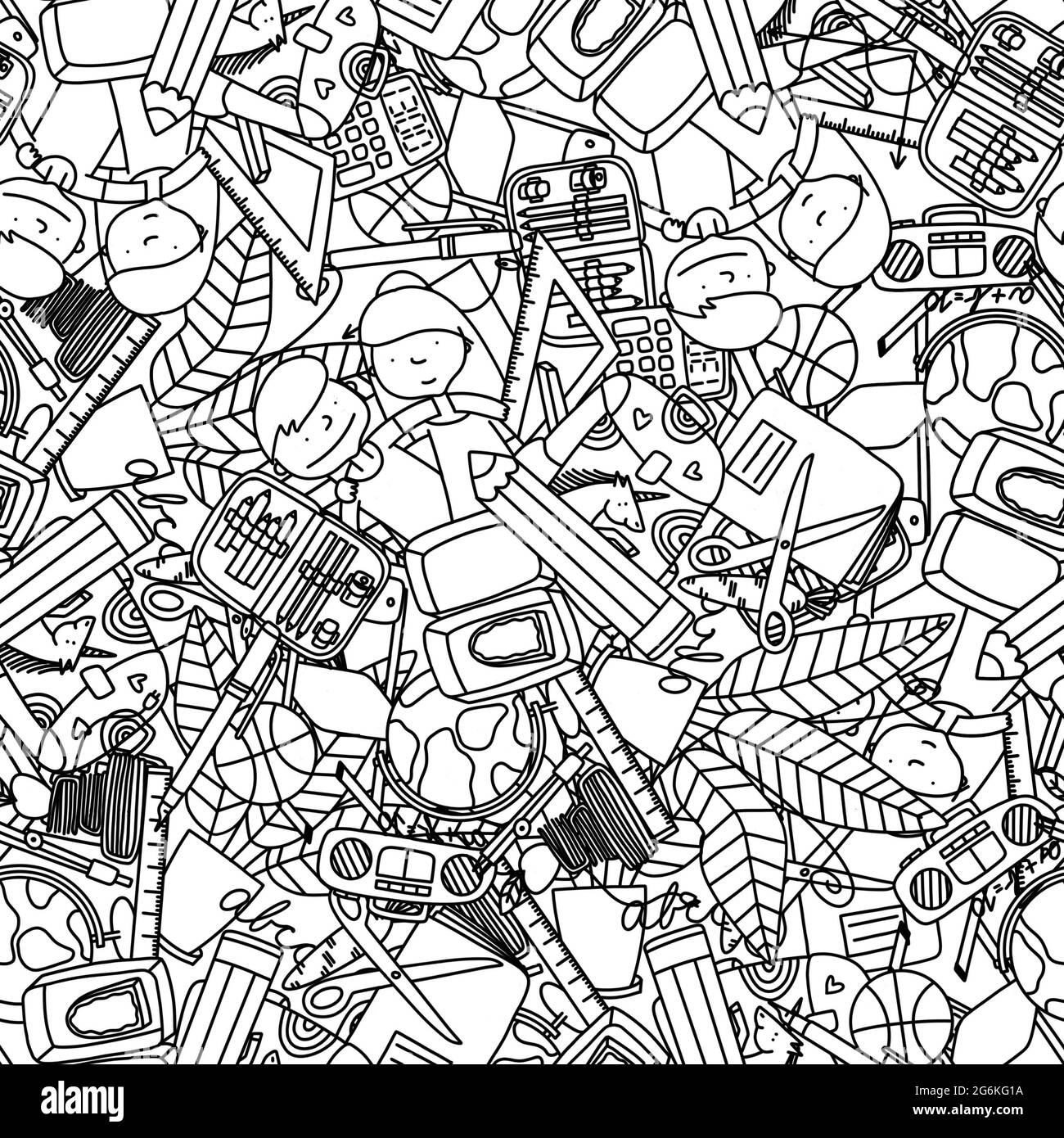 Seamless pattern designed to occasion of the return to the school after holidays. Doodle with Back to School Theme. Stock Photo