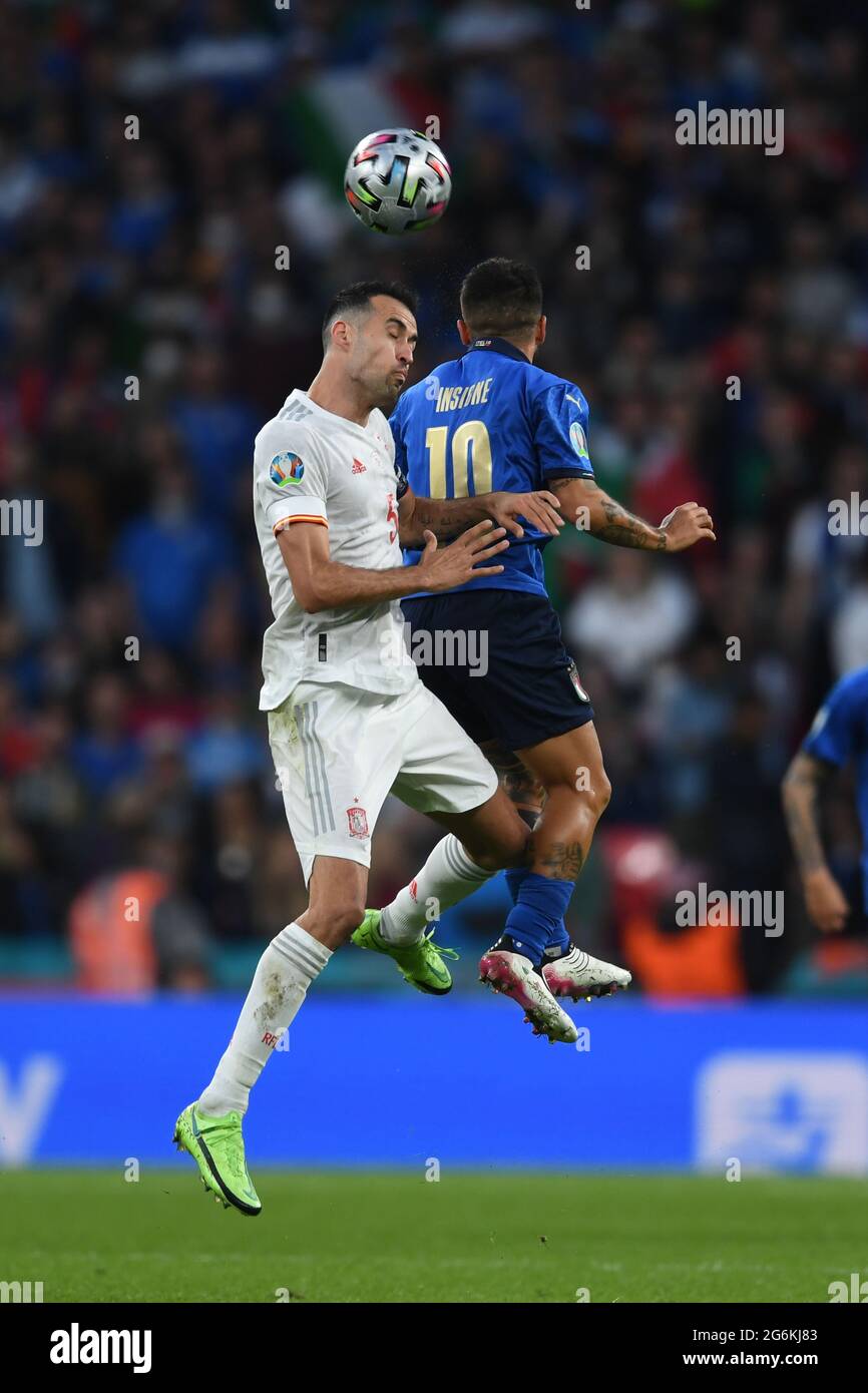 London, England. July 06, 2021 Lorenzo Insigne (Italy)Sergio Busquets (Spain) during the Uefa