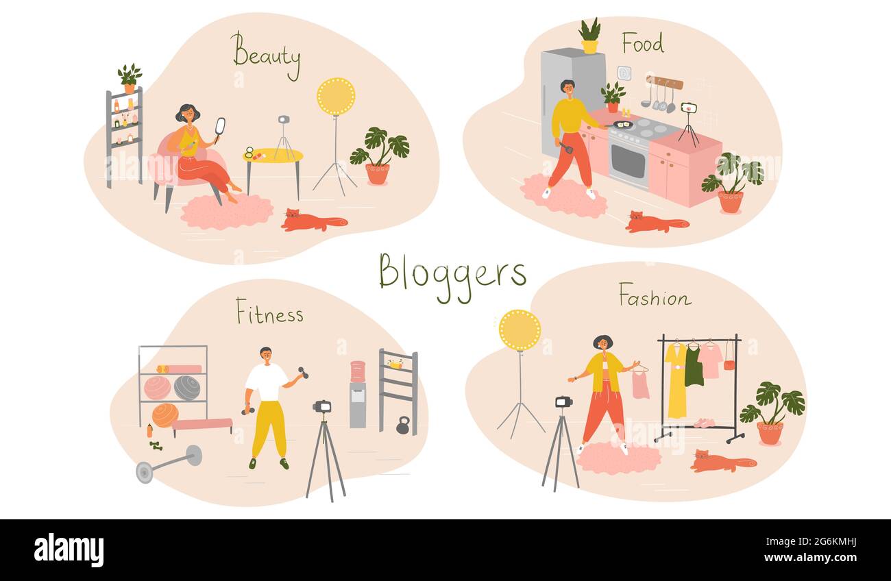 Set of bloggers and vloggers characters making internet content ...