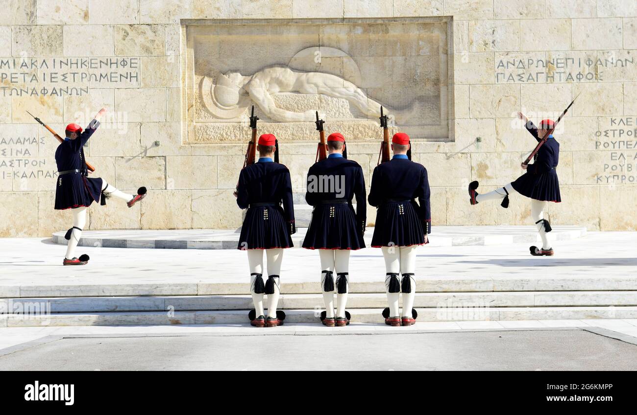 Guard change in front of the tomb of the Unknown Soldier, Greek parliament, Athens. Stock Photo