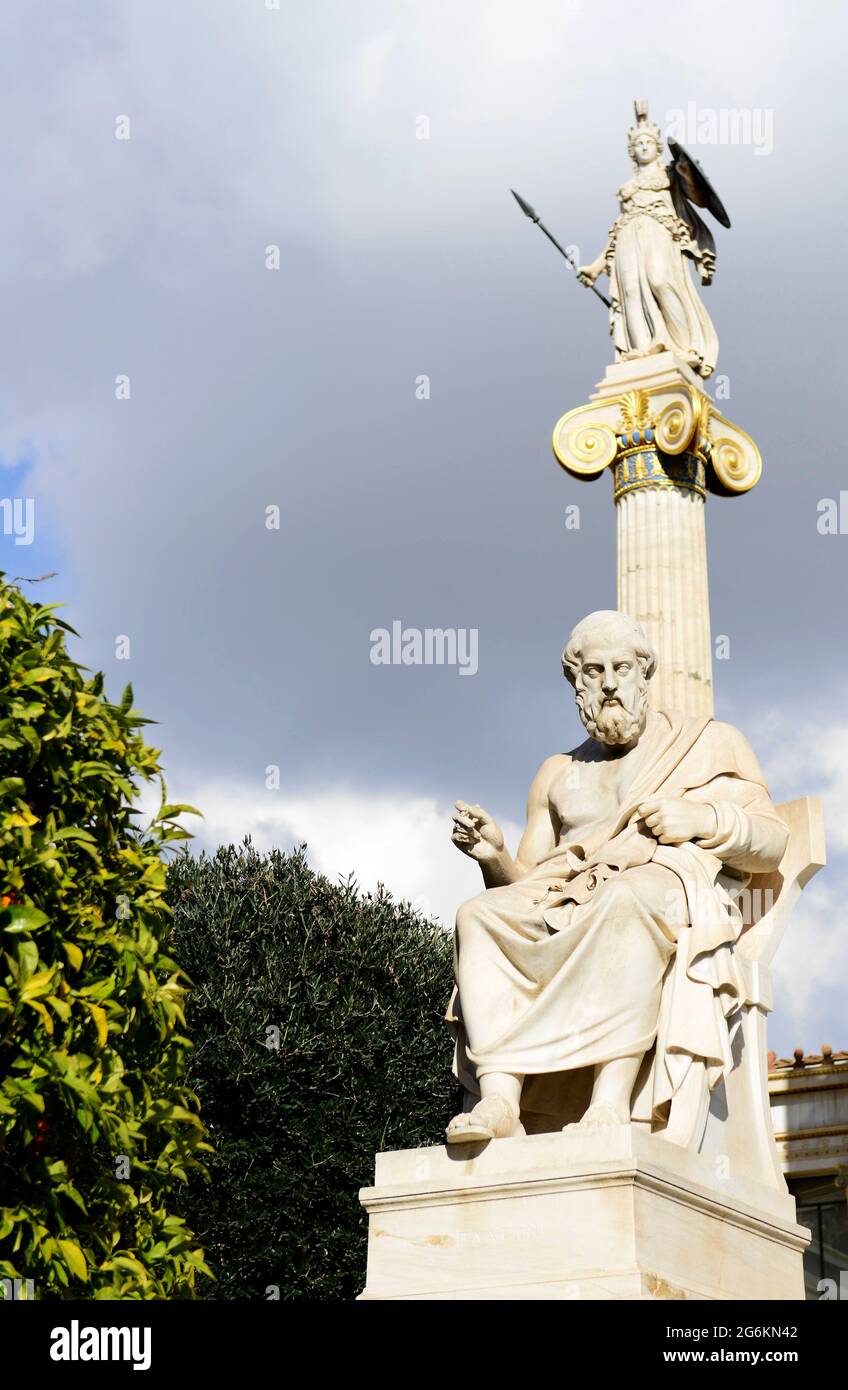 Plato and Athena statues at academy of Athens, Greece. Stock Photo