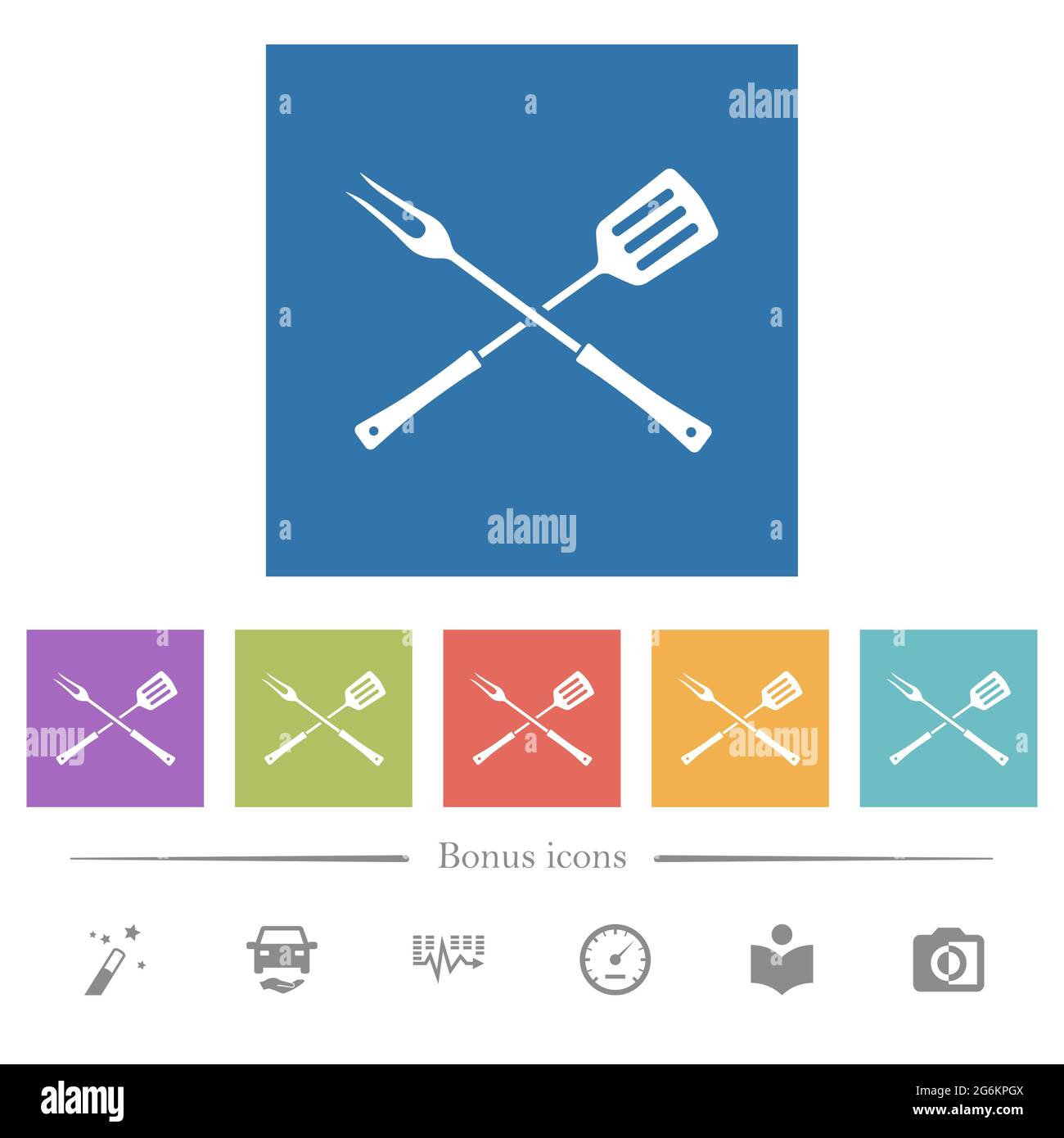 Barbecue fork and spatula in crossed position flat white icons in ...