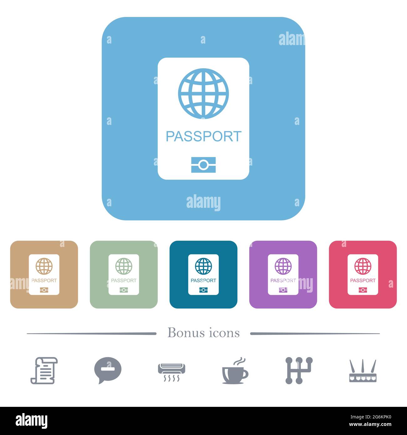 Passport white flat icons on color rounded square backgrounds. 6 bonus ...