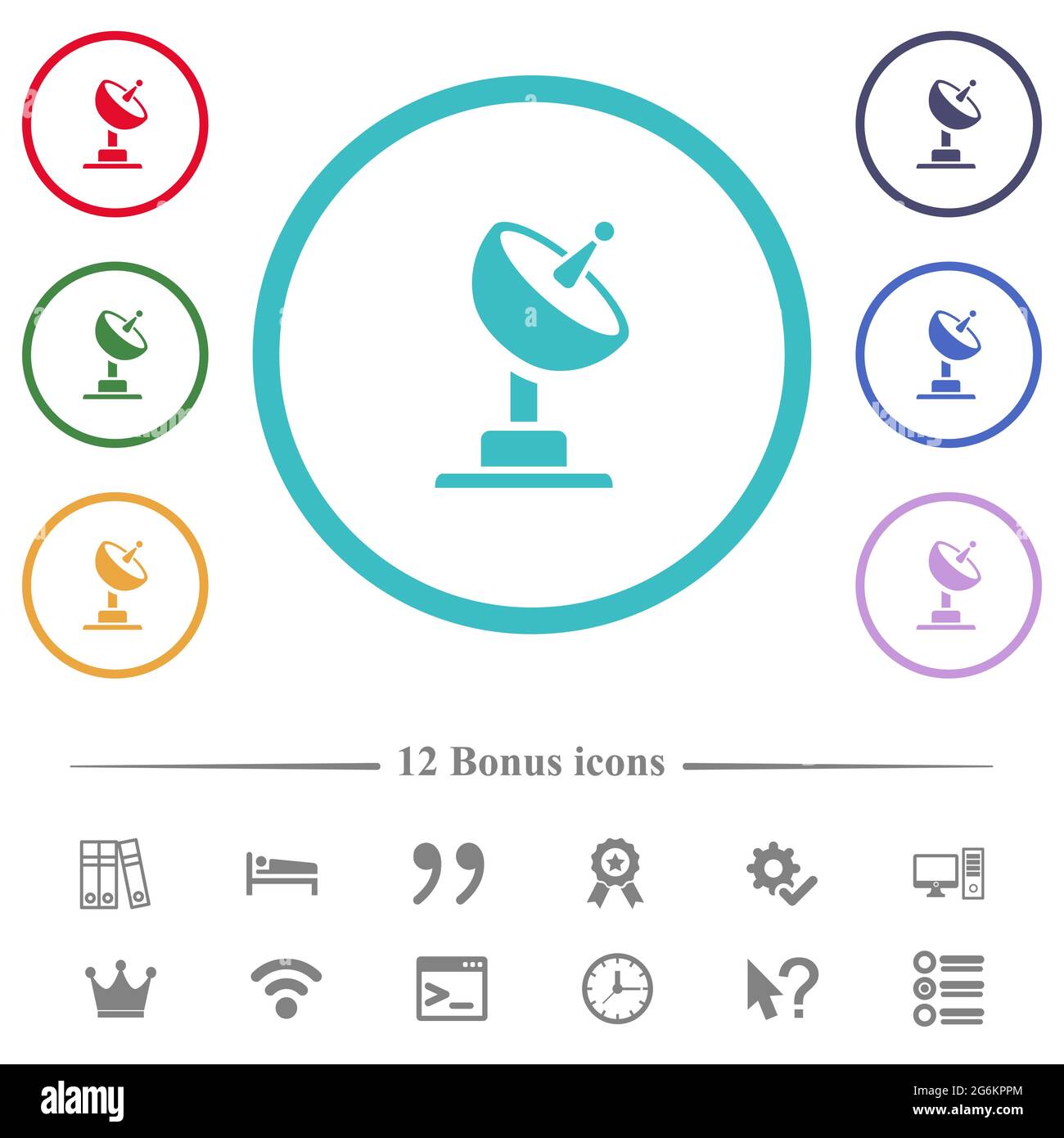 Satellite antenna flat color icons in circle shape outlines. 12 bonus ...