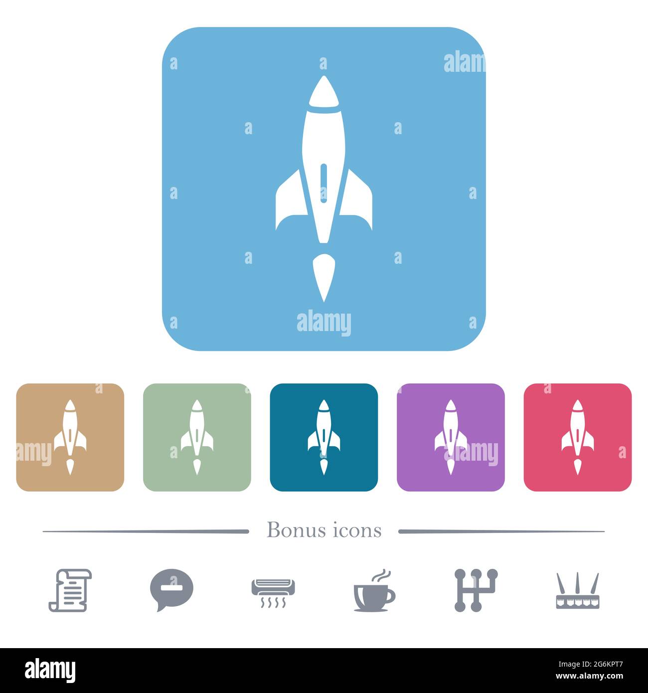 Rocket white flat icons on color rounded square backgrounds. 6 bonus ...