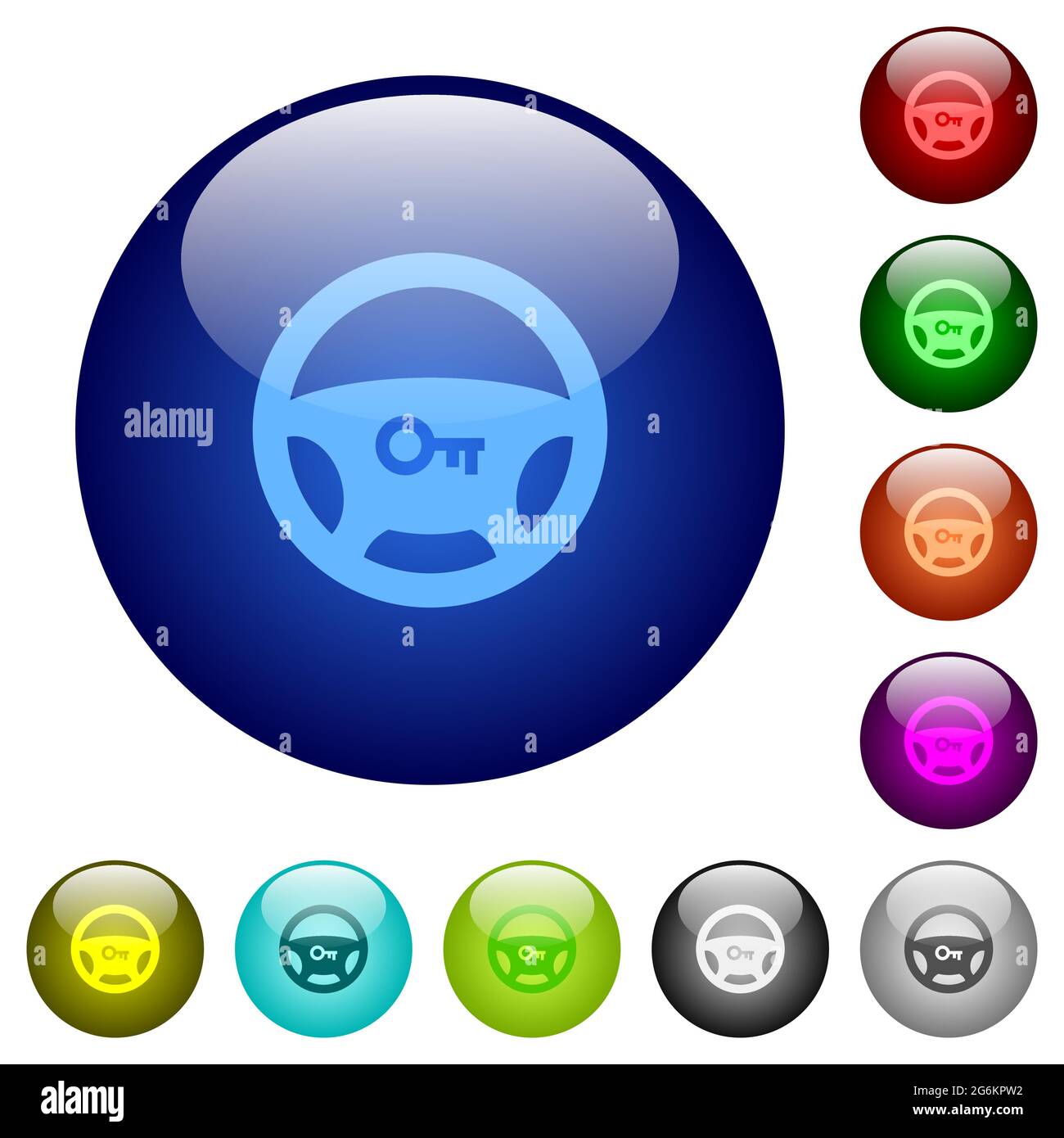 Steering lock icons on round glass buttons in multiple colors. Arranged