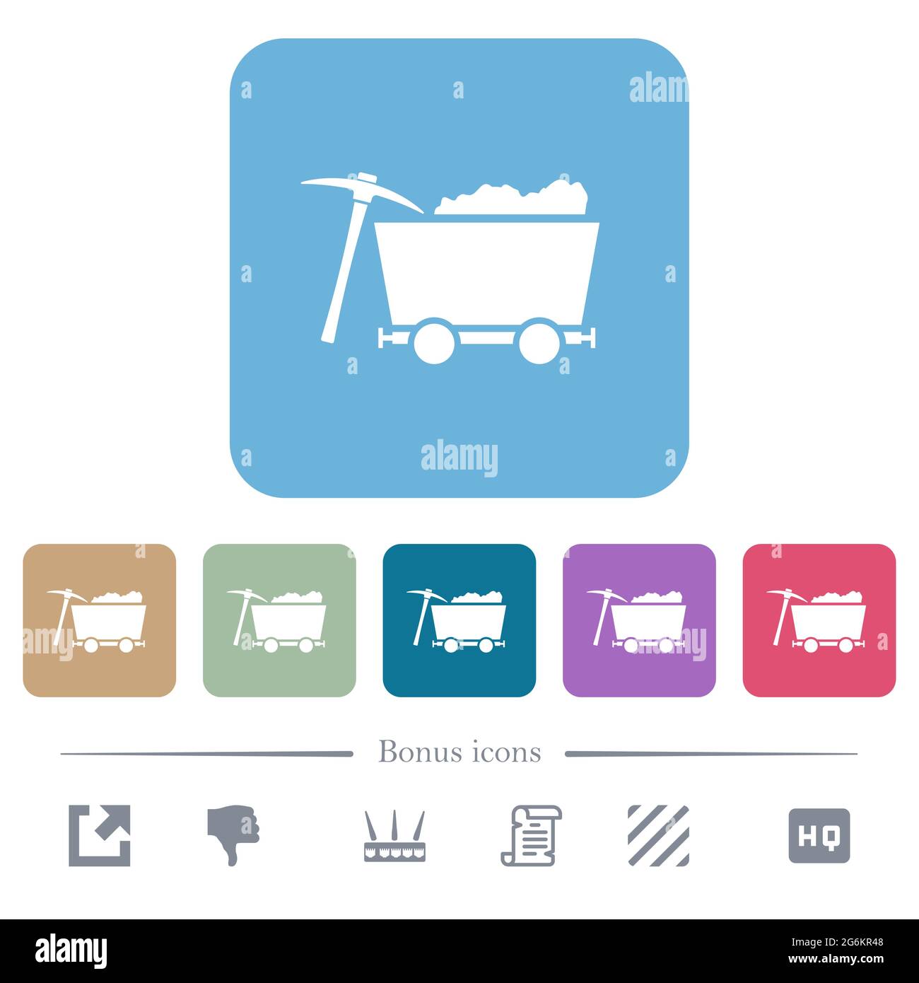 Loaded mine cart and pickaxe white flat icons on color rounded square ...