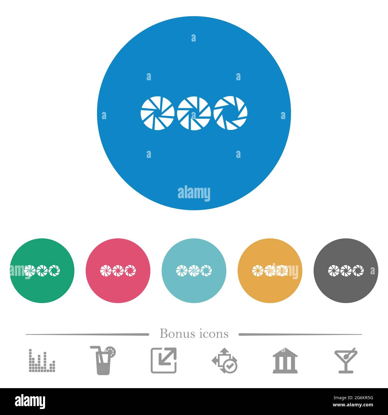Set aperture size flat white icons on round color backgrounds. 6 bonus ...