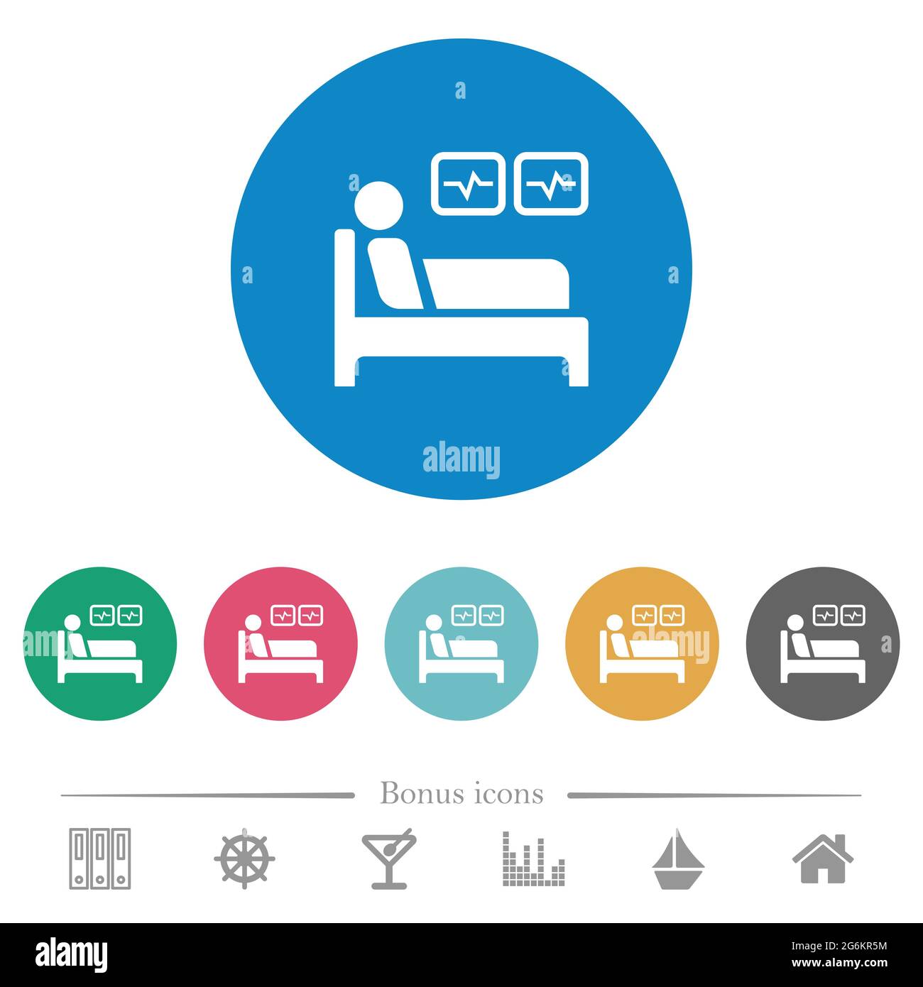 Intensive care flat white icons on round color backgrounds. 6 bonus ...