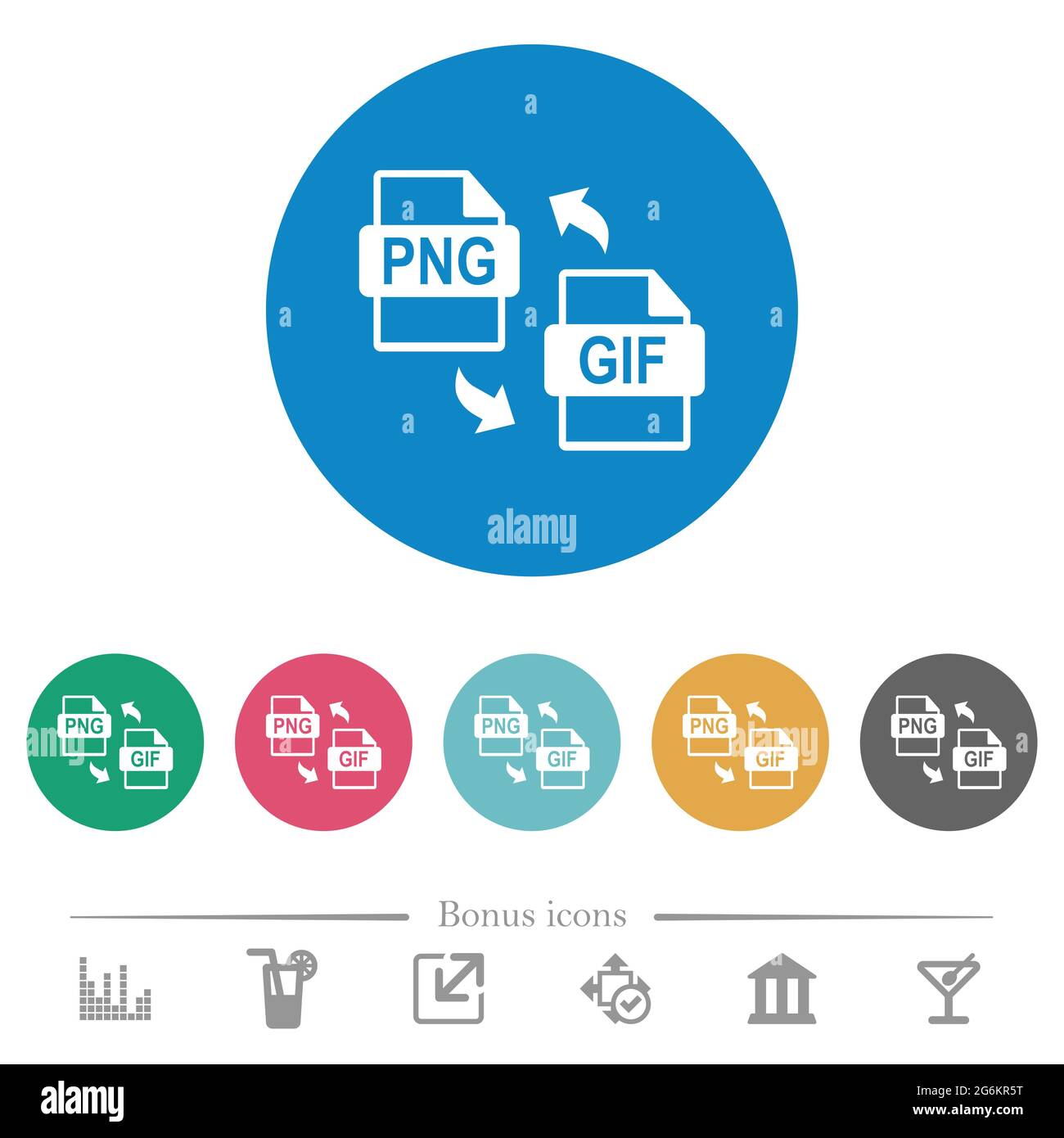 PNG GIF file conversion flat white icons on round color backgrounds. 6 ...