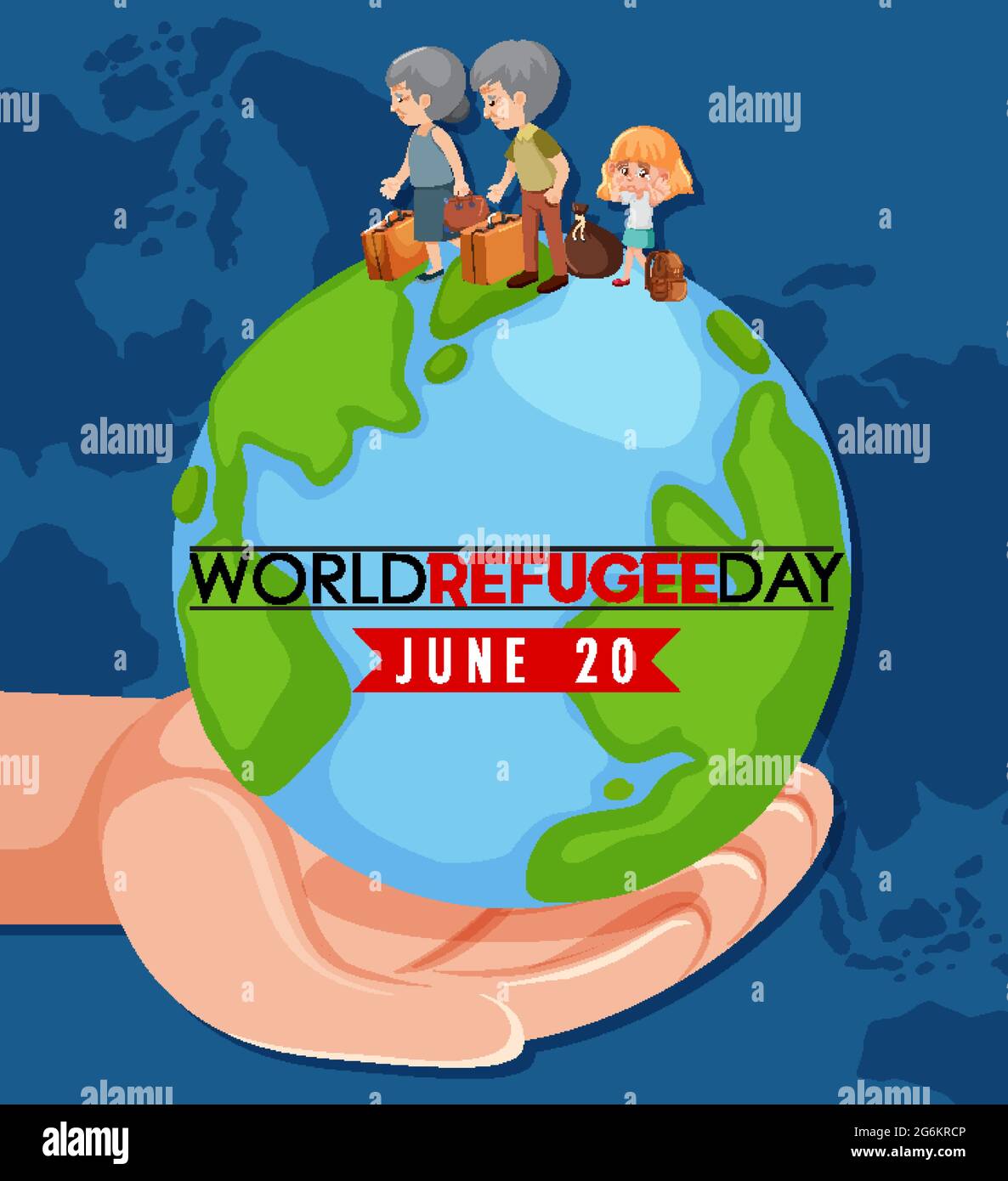 World Refugee Day banner with people character on globe sign on white