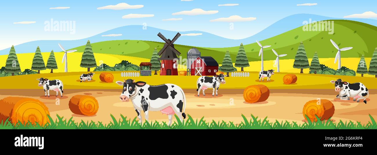Panorama landscape scene with many cows in the farm illustration Stock ...