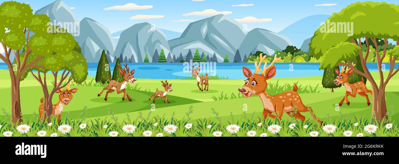 Panorama landscape scene with many deers in the forest illustration ...