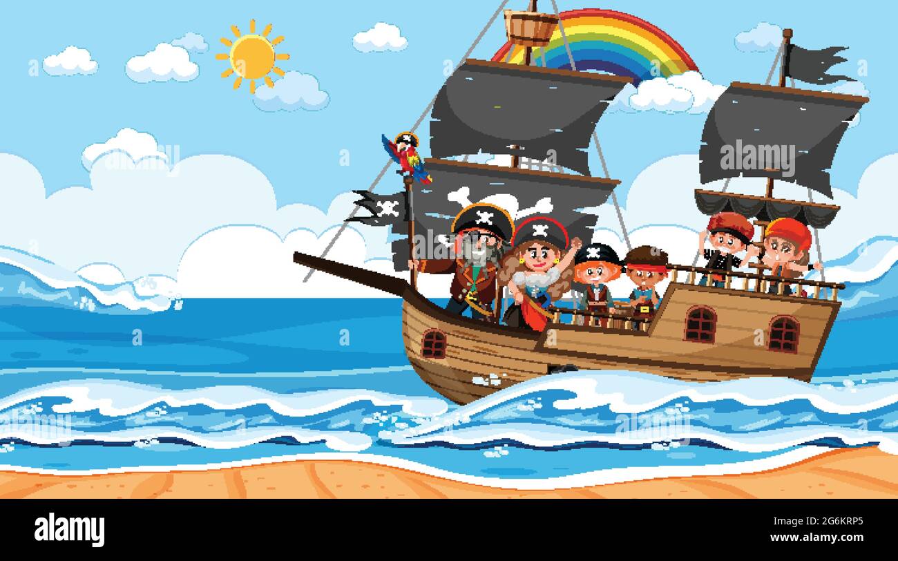 Ocean scene at daytime with Pirate kids on the ship illustration Stock ...