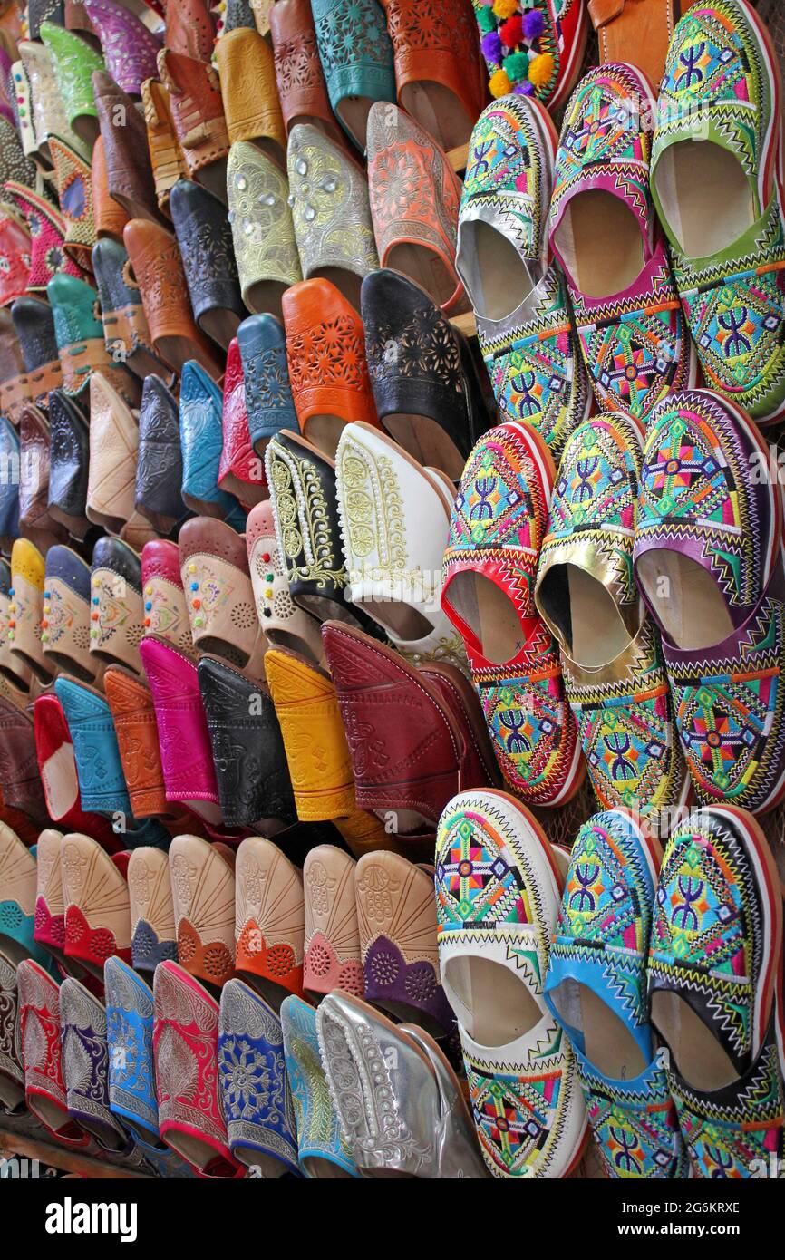 Soft Leather Slippers In the Souk Essaouira, Morocco Stock Photo