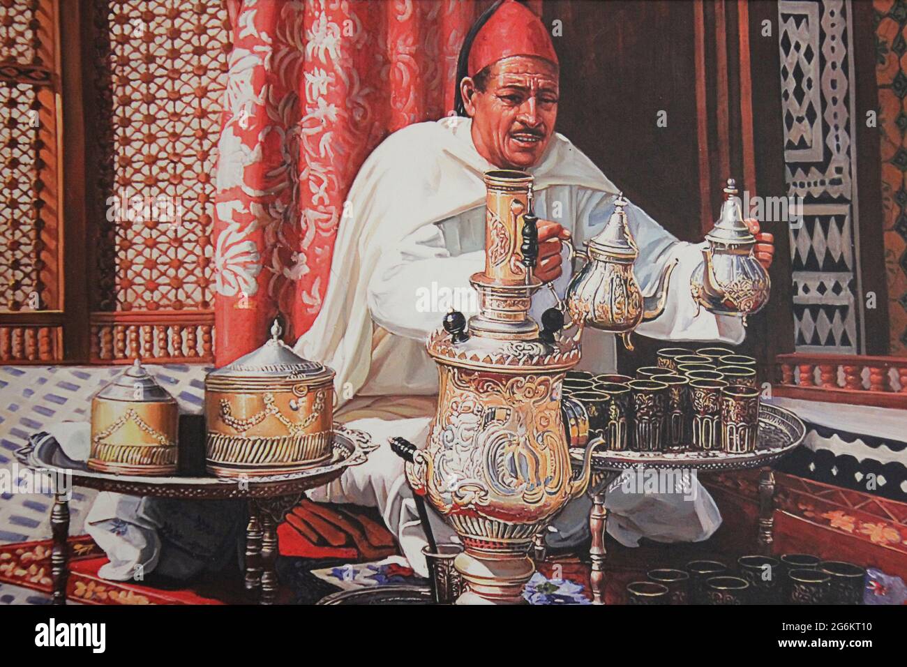 Moroccan Painting Of Traditionally Dressed Man Tea Ceremony Stock Photo